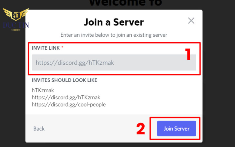 Điền link của server bạn muốn tham gia vào và chọn Join Server